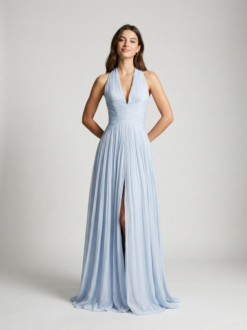 Mist Tulle A-Line Halter Neckline Lace-Up Back Floor-Length Birthday Dress with Bow - Curvevia