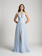 Mist Tulle A-Line Halter Neckline Lace-Up Back Floor-Length Birthday Dress with Bow - Curvevia