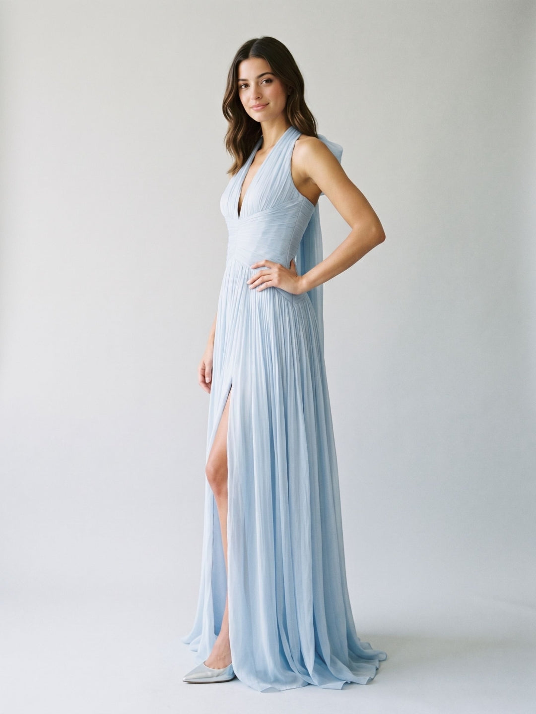 Mist Tulle A-Line Halter Neckline Lace-Up Back Floor-Length Birthday Dress with Bow - Curvevia