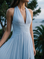 Mist Tulle A-Line Halter Neckline Lace-Up Back Floor-Length Birthday Dress with Bow - Curvevia