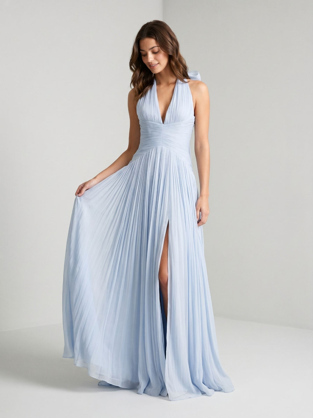 Mist Tulle A-Line Halter Neckline Lace-Up Back Floor-Length Birthday Dress with Bow - Curvevia