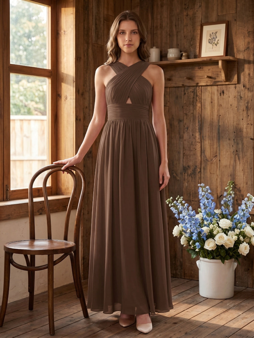 Mocha Chiffon A-Line Halter Backless Floor-Length Bridesmaid Dress - Curvevia