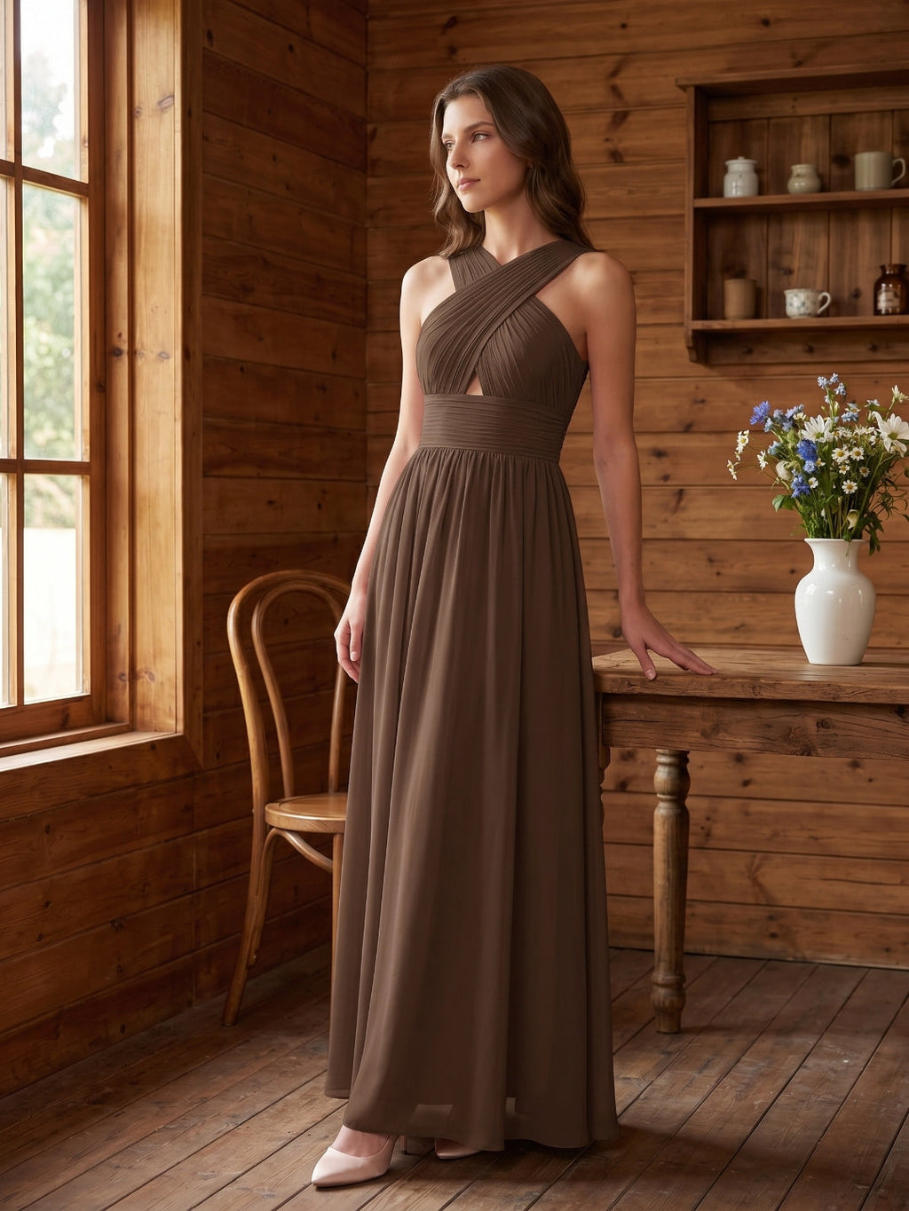 Mocha Chiffon A-Line Halter Backless Floor-Length Bridesmaid Dress - Curvevia