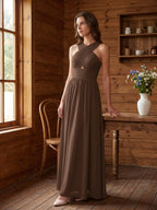 Mocha Chiffon A-Line Halter Backless Floor-Length Bridesmaid Dress - Curvevia