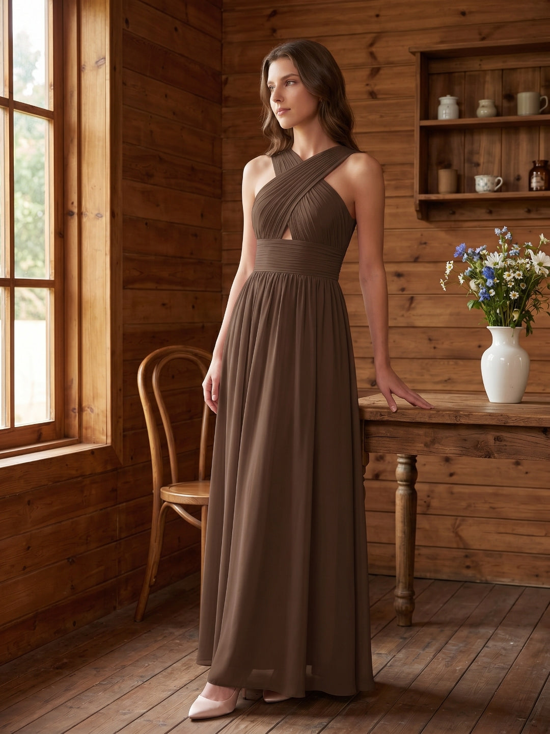 Mocha Chiffon A-Line Halter Backless Floor-Length Bridesmaid Dress - Curvevia