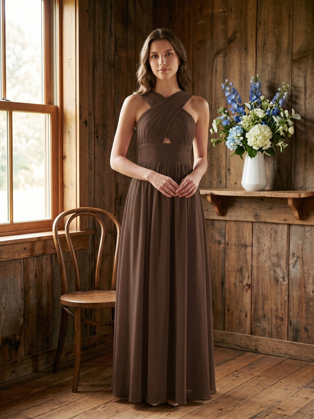 Mocha Chiffon A-Line Halter Backless Floor-Length Bridesmaid Dress - Curvevia