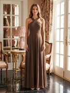 Mocha Chiffon A-Line Halter Backless Floor-Length Bridesmaid Dress with Pockets - Curvevia