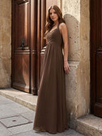 Mocha Chiffon A-Line Halter Backless Floor-Length Pleated Bridesmaid Dress - Curvevia