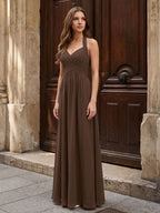Mocha Chiffon A-Line Halter Backless Floor-Length Pleated Bridesmaid Dress - Curvevia