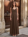 Mocha Chiffon A-Line Halter Backless Floor-Length Pleated Bridesmaid Dress - Curvevia