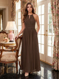 Mocha Chiffon A-Line Halter Keyhole Back Floor-Length Bridesmaid Dress - Curvevia
