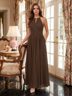 Mocha Chiffon A-Line Halter Keyhole Back Floor-Length Bridesmaid Dress - Curvevia