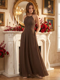 Mocha Chiffon A-Line Halter Keyhole Back Floor-Length Pleated Bridesmaid Dress - Curvevia