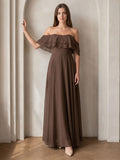 Mocha Chiffon A-Line Off-the-Shoulder Backless Floor-Length Ruffle Bridesmaid Dress - Curvevia