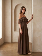 Mocha Chiffon A-Line Off-the-Shoulder Backless Floor-Length Ruffle Bridesmaid Dress - Curvevia