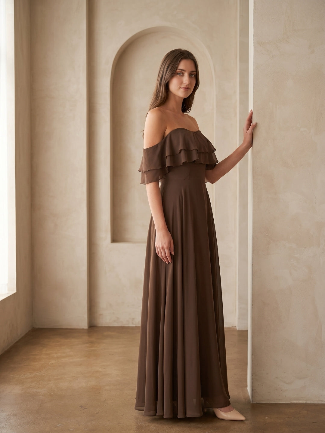 Mocha Chiffon A-Line Off-the-Shoulder Backless Floor-Length Ruffle Bridesmaid Dress - Curvevia