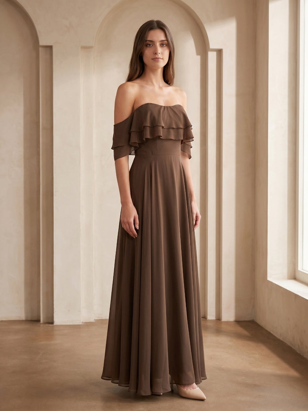 Mocha Chiffon A-Line Off-the-Shoulder Backless Floor-Length Ruffle Bridesmaid Dress - Curvevia