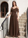 Mocha Chiffon A-Line Off-the-Shoulder V-Back Floor-Length Ruffle Bridesmaid Dress - Curvevia