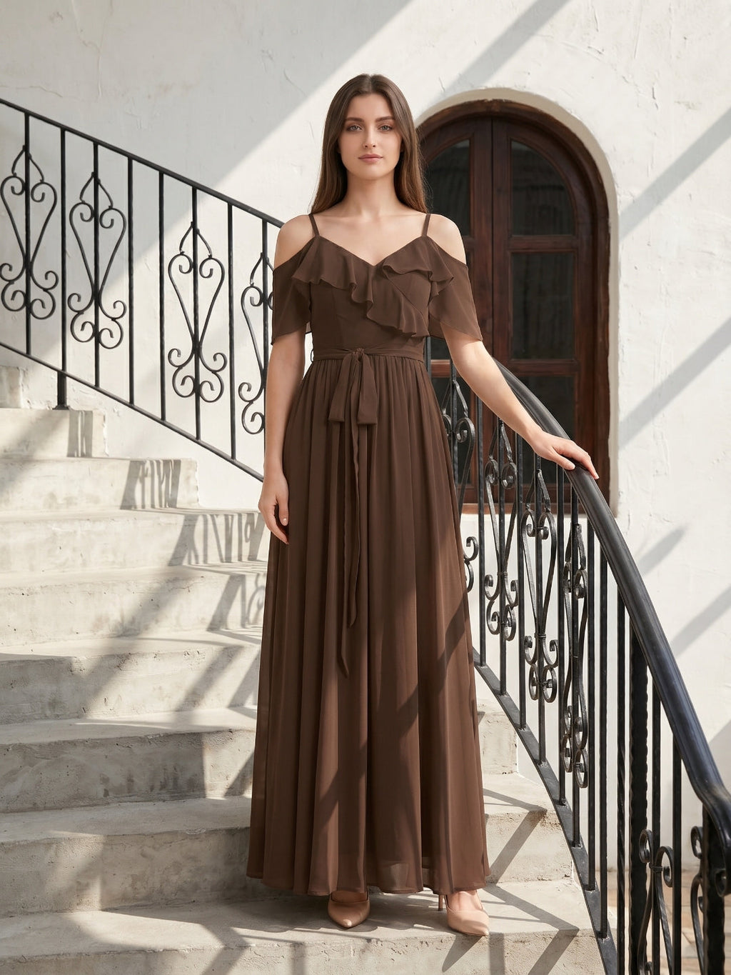 Mocha Chiffon A-Line Off-the-Shoulder V-Back Floor-Length Ruffle Bridesmaid Dress - Curvevia