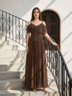 Mocha Chiffon A-Line Off-the-Shoulder V-Back Floor-Length Ruffle Bridesmaid Dress - Curvevia