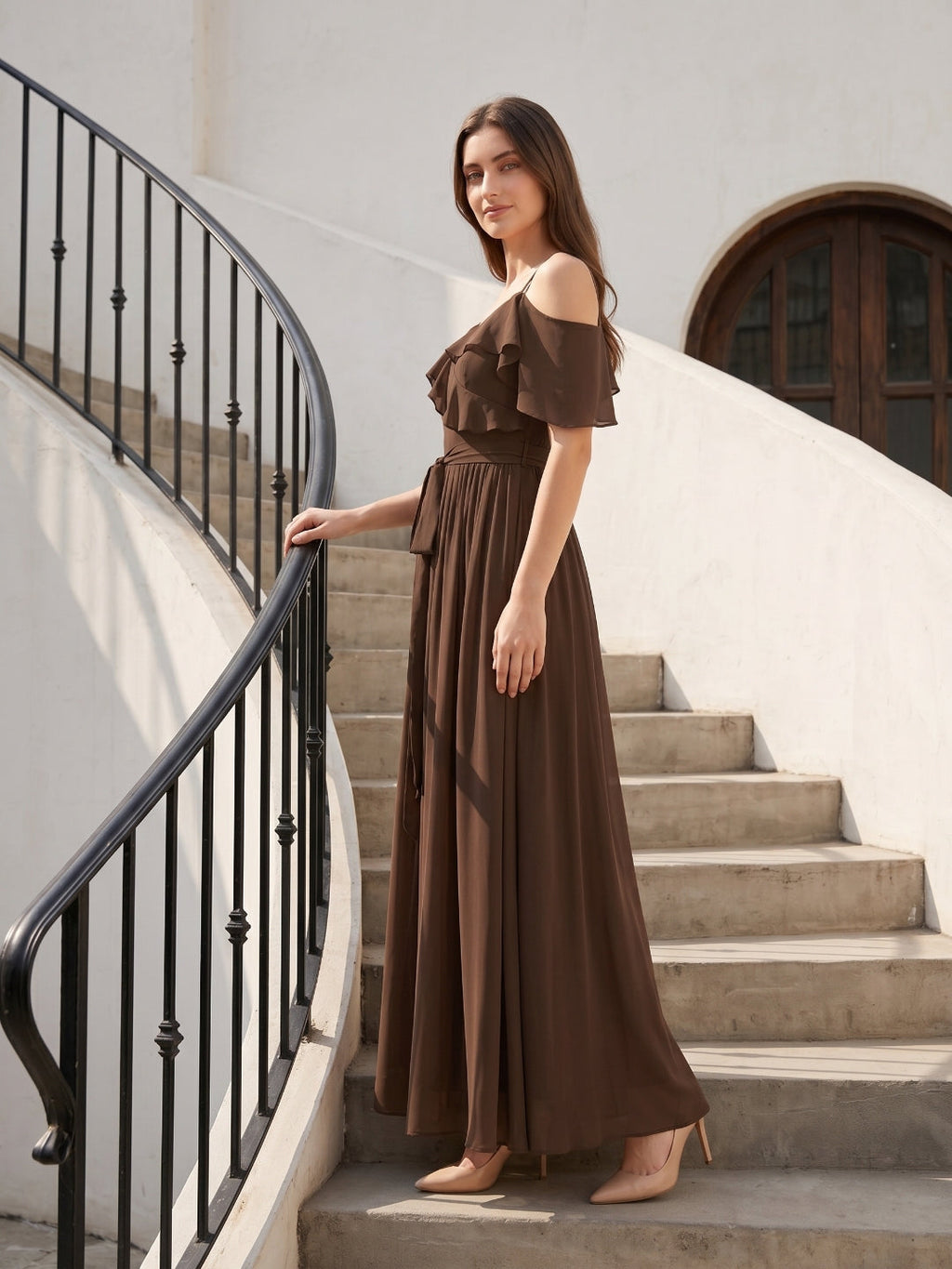 Mocha Chiffon A-Line Off-the-Shoulder V-Back Floor-Length Ruffle Bridesmaid Dress - Curvevia