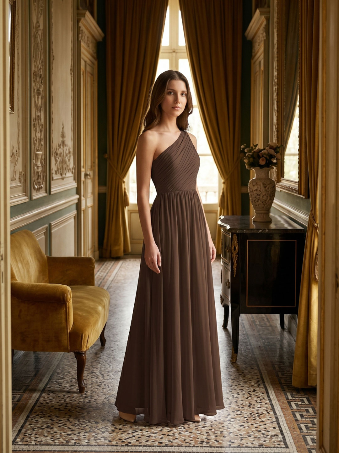 Mocha Chiffon A-Line One Shoulder Back Zip Floor-Length Pleated Bridesmaid Dress - Curvevia