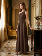 Mocha Chiffon A-Line One Shoulder Back Zip Floor-Length Pleated Bridesmaid Dress - Curvevia
