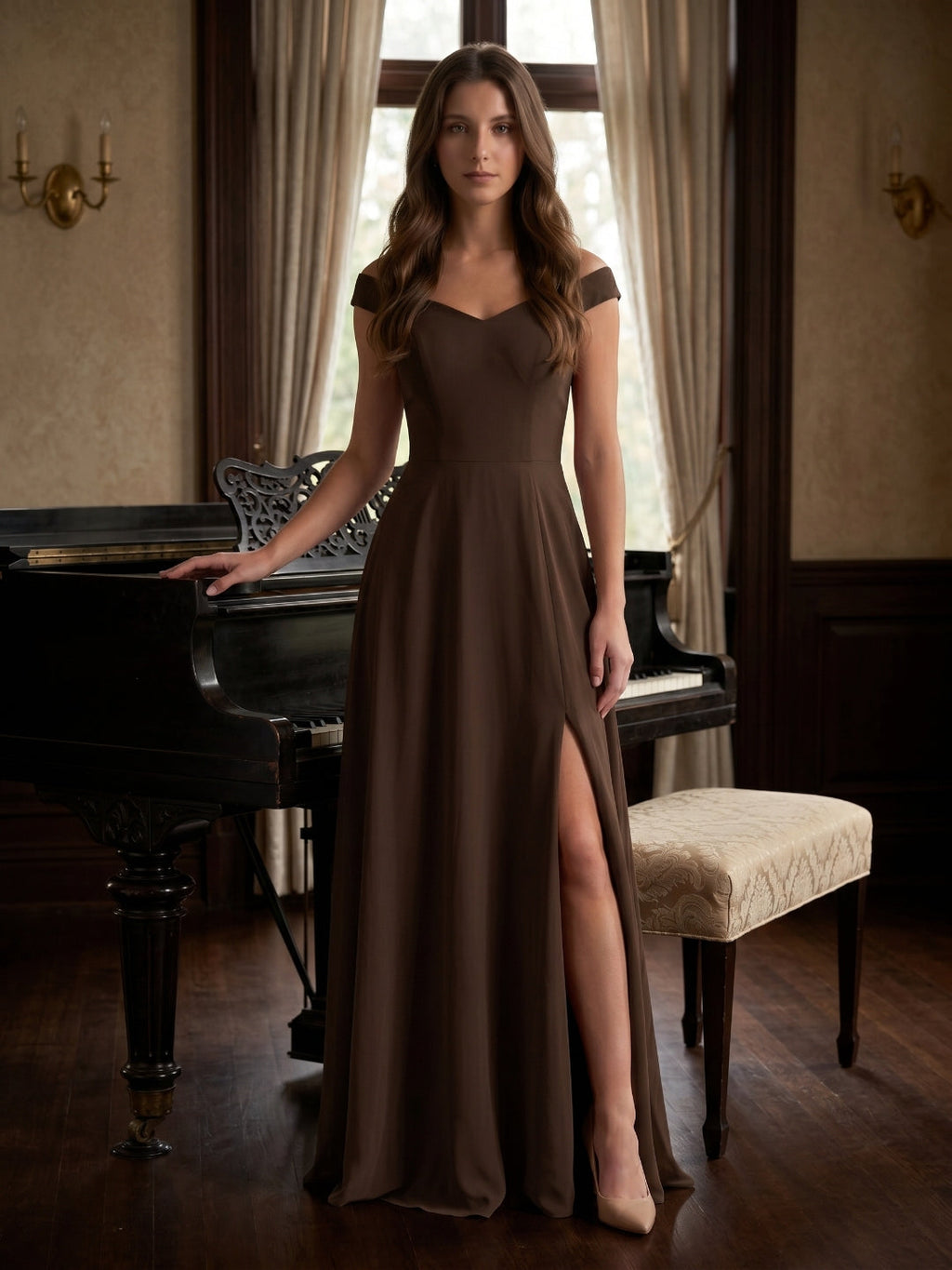 Mocha Chiffon A-Line Sweetheart V-Back Floor-Length Bridesmaid Dress - Curvevia