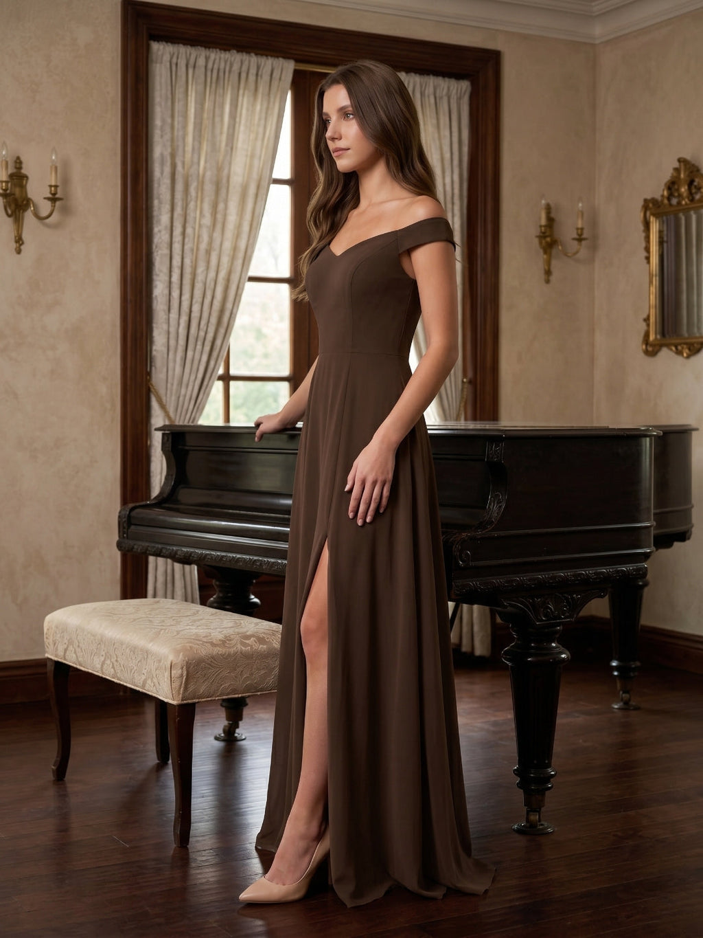 Mocha Chiffon A-Line Sweetheart V-Back Floor-Length Bridesmaid Dress - Curvevia