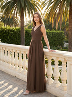 Mocha Chiffon A-Line V-Neck Back Zip Floor-Length Pleated Bridesmaid Dress - Curvevia