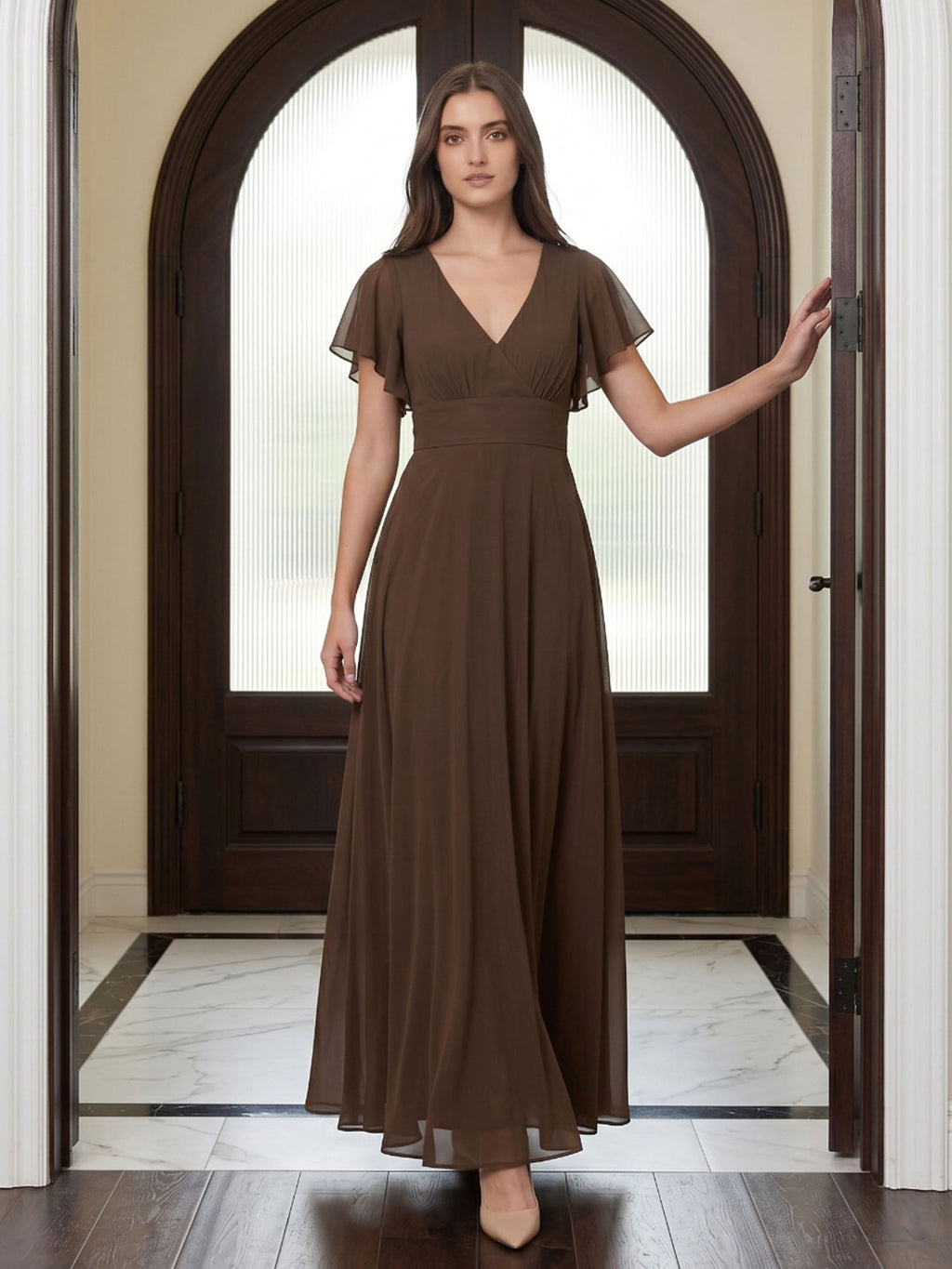 Mocha Chiffon A-Line V-Neck Back Zip Floor-Length Ruffle Bridesmaid Dress - Curvevia