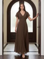 Mocha Chiffon A-Line V-Neck Back Zip Floor-Length Ruffle Bridesmaid Dress - Curvevia