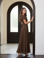 Mocha Chiffon A-Line V-Neck Back Zip Floor-Length Ruffle Bridesmaid Dress - Curvevia