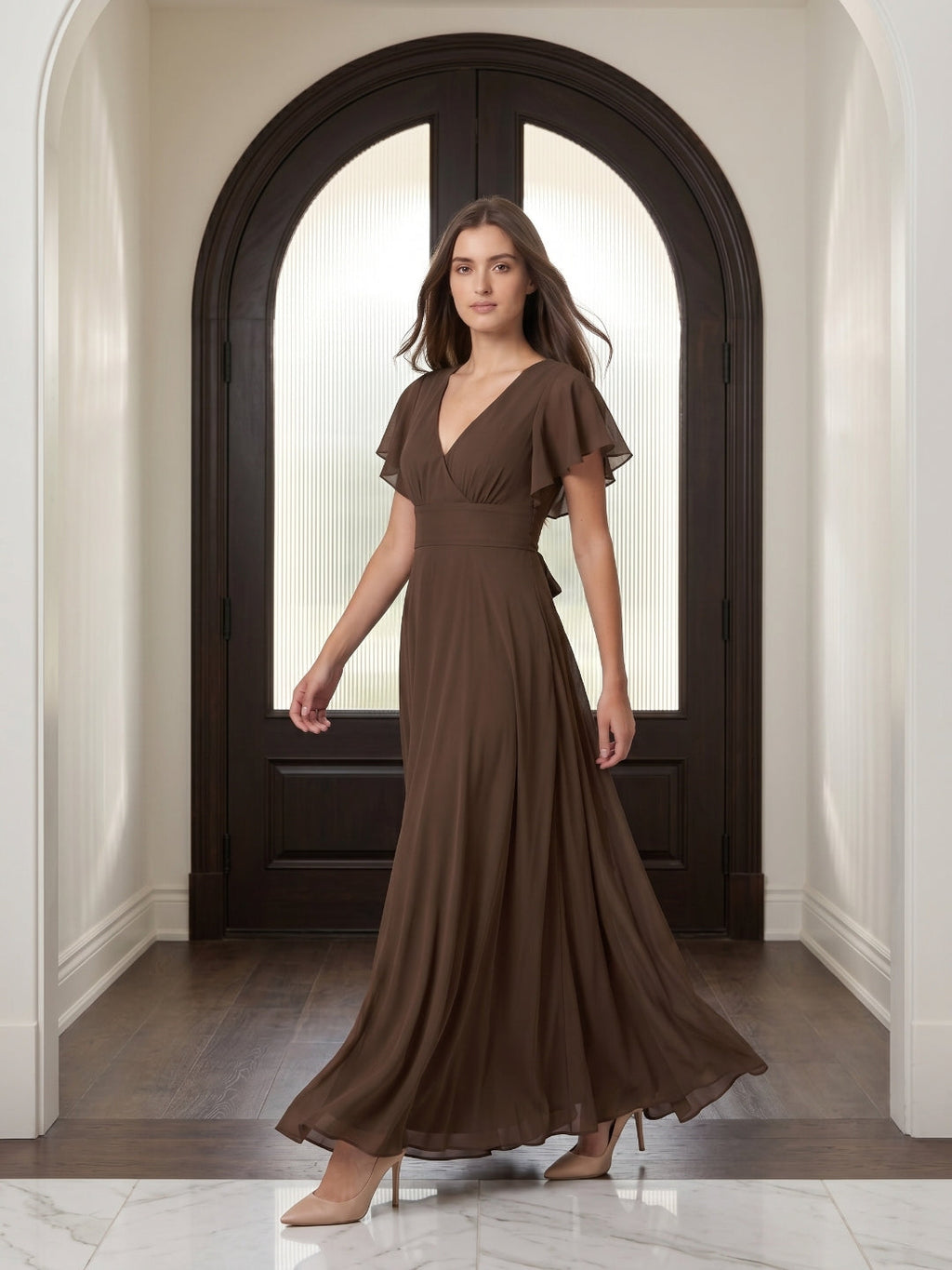 Mocha Chiffon A-Line V-Neck Back Zip Floor-Length Ruffle Bridesmaid Dress - Curvevia