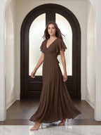 Mocha Chiffon A-Line V-Neck Back Zip Floor-Length Ruffle Bridesmaid Dress - Curvevia