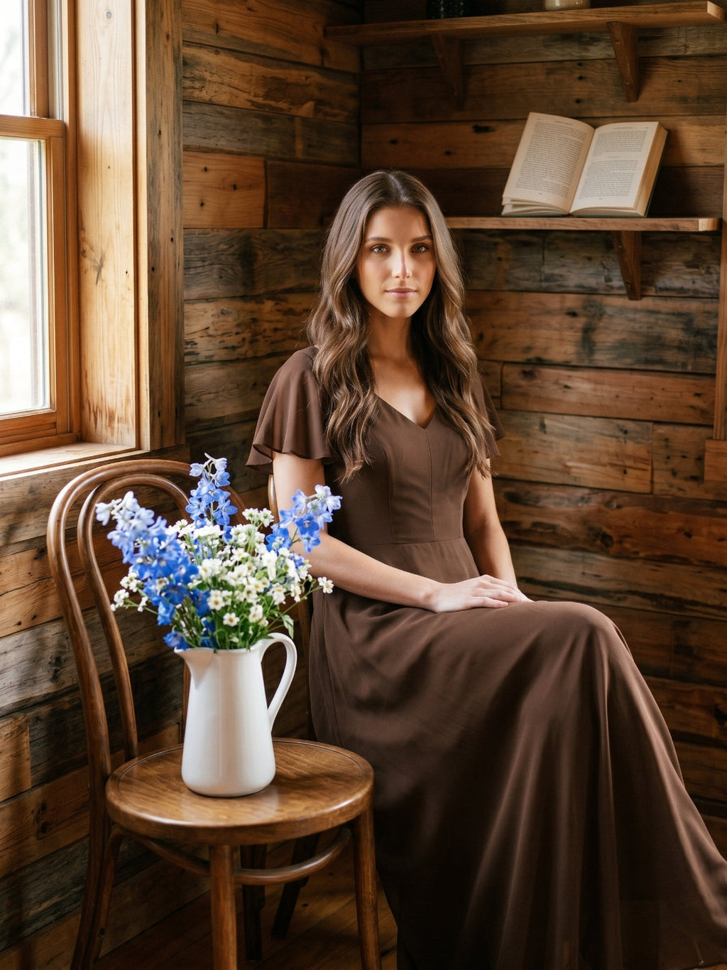 Mocha Chiffon A-Line V-Neck Keyhole Back Floor-Length Bridesmaid Dress - Curvevia