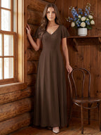 Mocha Chiffon A-Line V-Neck Keyhole Back Floor-Length Bridesmaid Dress - Curvevia