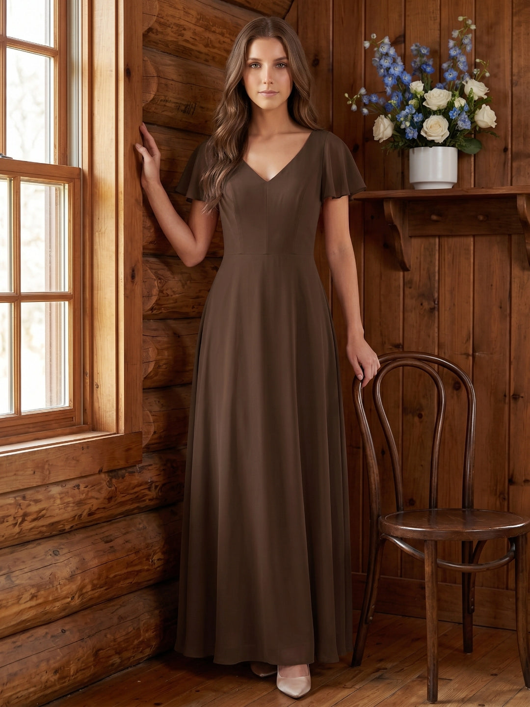 Mocha Chiffon A-Line V-Neck Keyhole Back Floor-Length Bridesmaid Dress - Curvevia