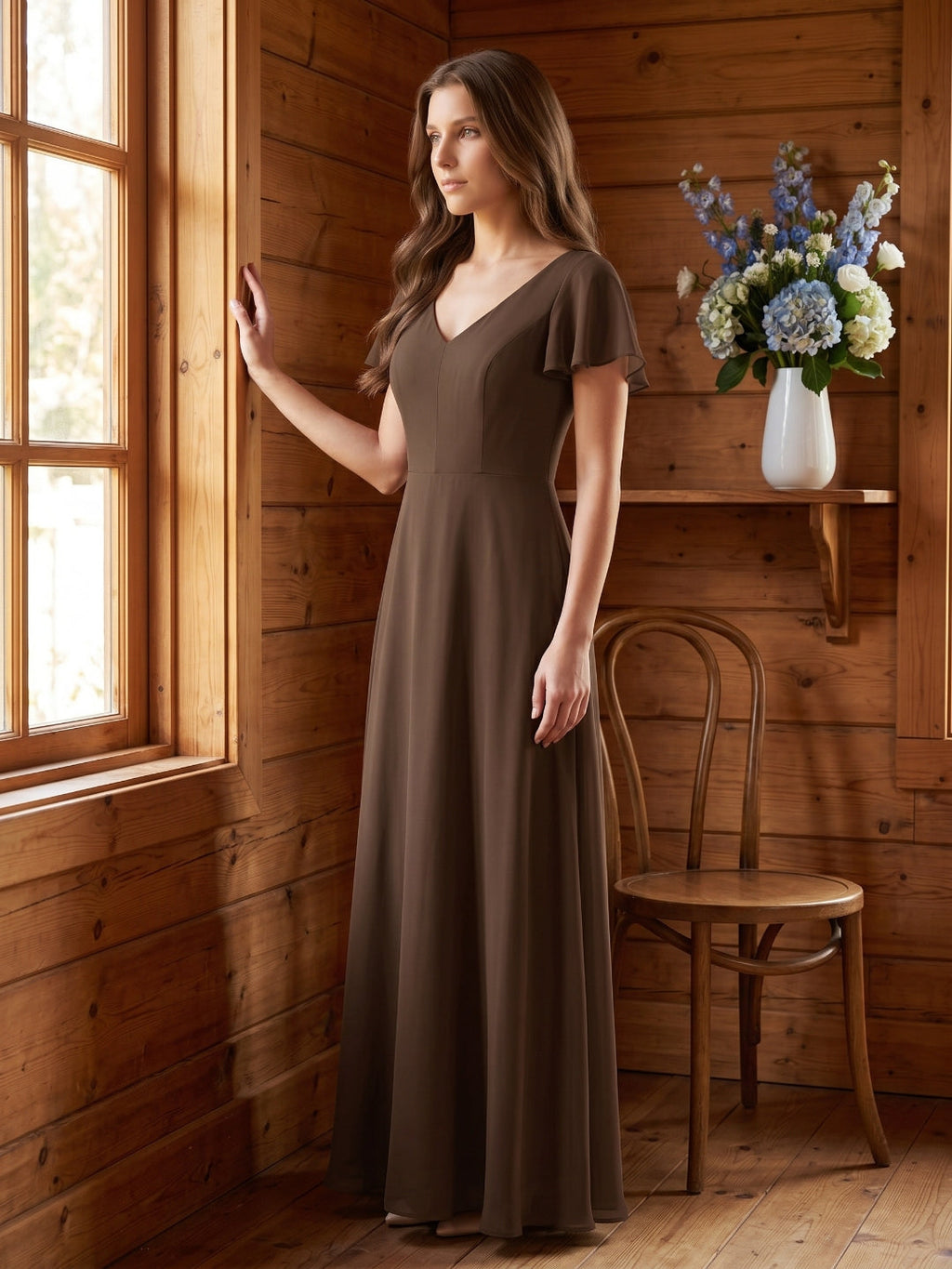 Mocha Chiffon A-Line V-Neck Keyhole Back Floor-Length Bridesmaid Dress - Curvevia