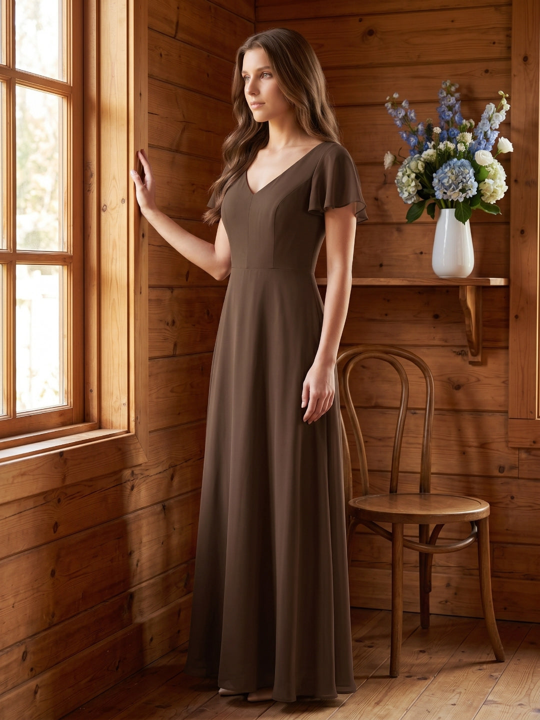 Mocha Chiffon A-Line V-Neck Keyhole Back Floor-Length Bridesmaid Dress - Curvevia