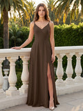 Mocha Chiffon A-Line V-Neck Lace-Up Back Floor-Length Bridesmaid Dress with Bow - Curvevia