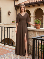 Mocha Chiffon A-Line V-Neck V-Back Ankle-Length Bridesmaid Dress - Curvevia