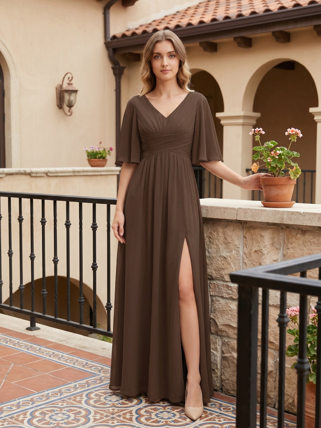 Mocha Chiffon A-Line V-Neck V-Back Ankle-Length Bridesmaid Dress - Curvevia