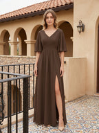 Mocha Chiffon A-Line V-Neck V-Back Ankle-Length Bridesmaid Dress - Curvevia