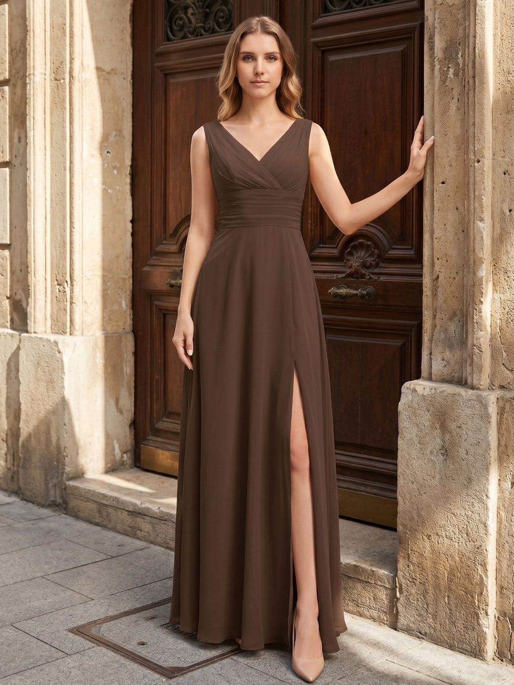 Mocha Chiffon A-Line V-Neck V-Back Ankle-Length Bridesmaid Dress with Bow - Curvevia