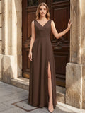 Mocha Chiffon A-Line V-Neck V-Back Ankle-Length Bridesmaid Dress with Bow - Curvevia