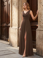 Mocha Chiffon A-Line V-Neck V-Back Ankle-Length Bridesmaid Dress with Bow - Curvevia