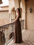 Mocha Chiffon A-Line V-Neck V-Back Ankle-Length Pleated Bridesmaid Dress - Curvevia