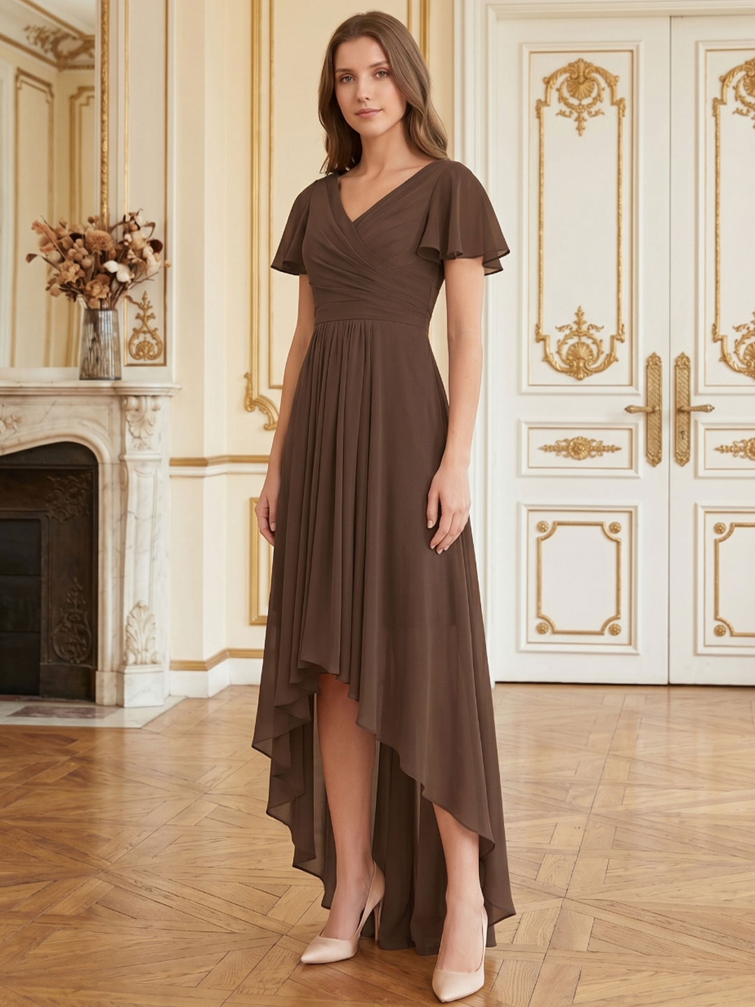 Mocha Chiffon A-Line V-Neck V-Back Asymmetrical Pleated Bridesmaid Dress - Curvevia