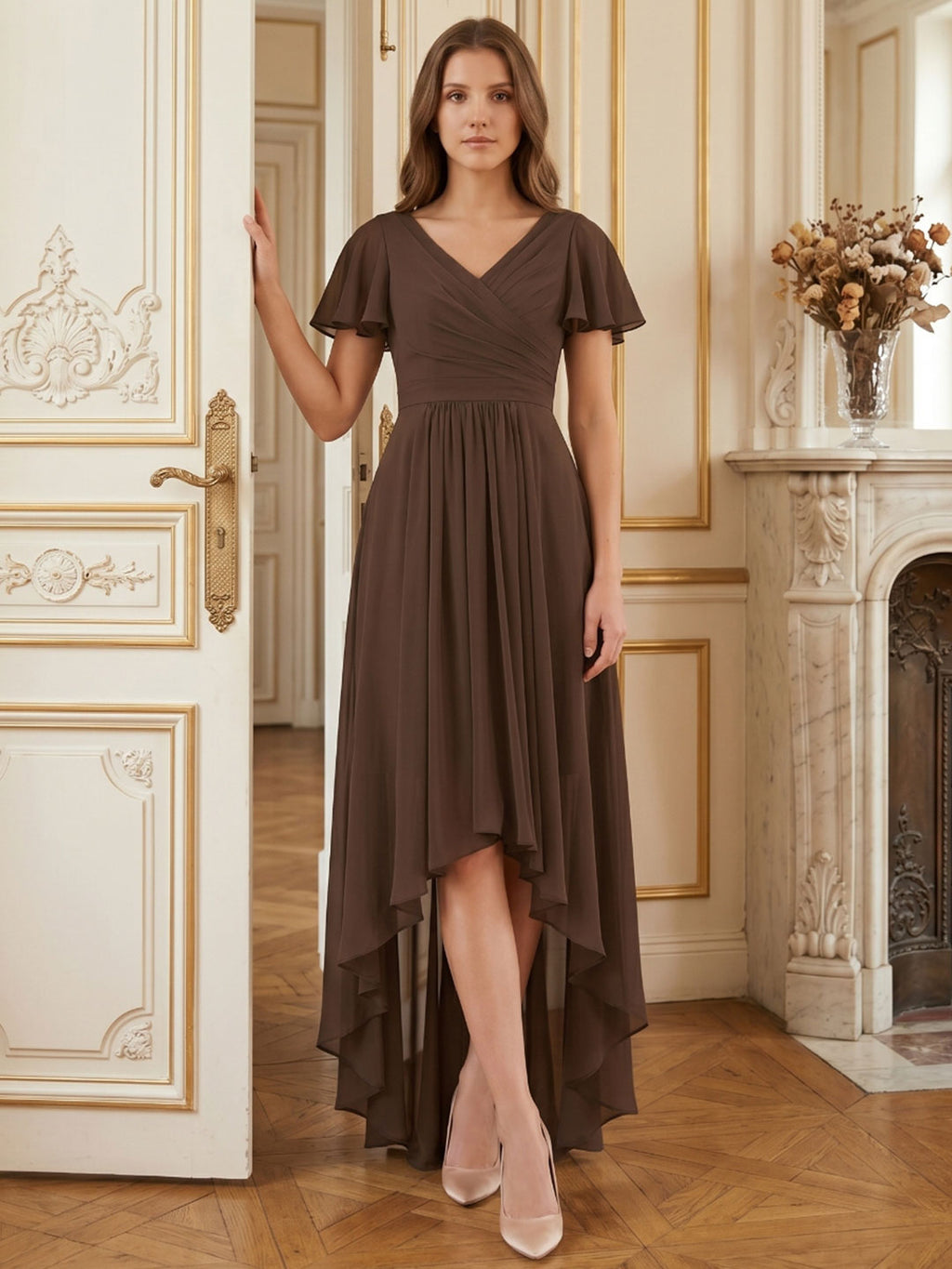 Mocha Chiffon A-Line V-Neck V-Back Asymmetrical Pleated Bridesmaid Dress - Curvevia